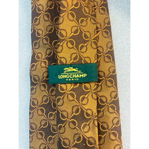 Longchamp Paris Mens Tie Brown & Gold Chain Pattern 100% Silk - Picture 5 of 5